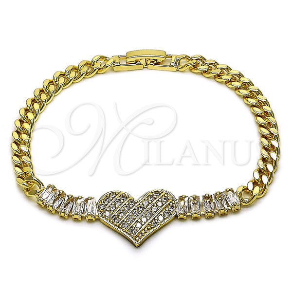 Oro Laminado Fancy Bracelet, Gold Filled Style Heart and Baguette Design, with White Cubic Zirconia, Polished, Golden Finish, 03.283.0478.07 (Thickness, 7 Inches Length)