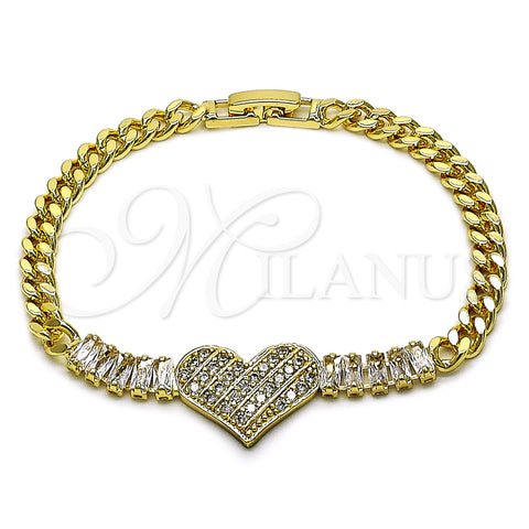 Oro Laminado Fancy Bracelet, Gold Filled Style Heart and Baguette Design, with White Cubic Zirconia, Polished, Golden Finish, 03.283.0478.07 (Thickness, 7 Inches Length)