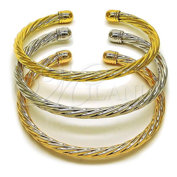Oro Laminado Trio Bangle, Gold Filled Style Twist and Hollow Design, Polished, Tricolor, 07.170.0064 (Thickness, One size fits all)