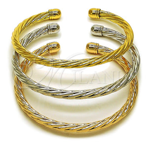 Oro Laminado Trio Bangle, Gold Filled Style Twist and Hollow Design, Polished, Tricolor, 07.170.0064 (Thickness, One size fits all)