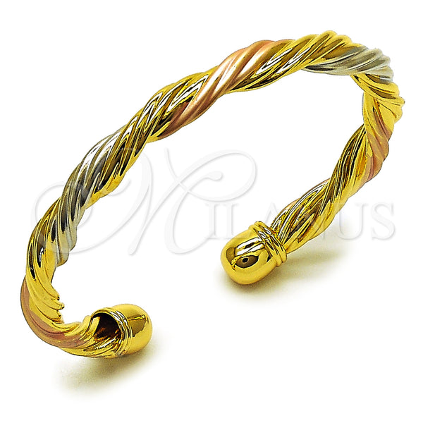 Oro Laminado Individual Bangle, Gold Filled Style Twist and Hollow Design, Polished, Tricolor, 07.170.0065 (Thickness, One size fits all)