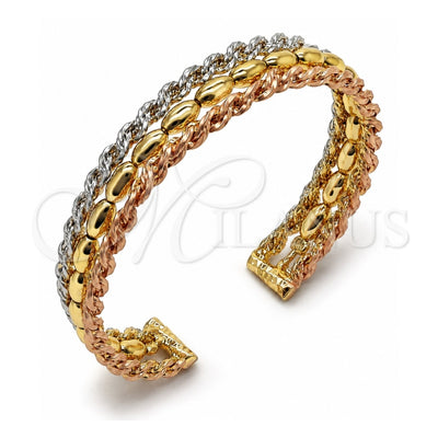 Oro Laminado Individual Bangle, Gold Filled Style Twist and Ball Design, Polished, Tricolor, 07.170.0068 (12 MM Thickness, One size fits all)