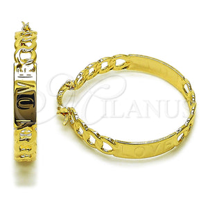 Gold Filled Hoop Earrings — Medium Hoop Miami Cuban and Love Design Polished — main product view — SKU 160422 | Oro Laminado aretes de aro — Medium Hoop Miami Cuban and Love diseño pulido — SKU 160422