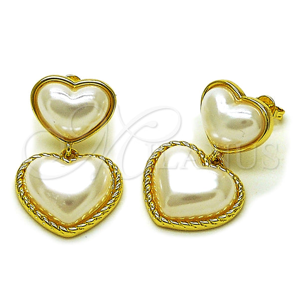 Oro Laminado Stud Earring, Gold Filled Style Heart and Twist Design, with Ivory Pearl, Polished, Golden Finish, 02.341.0240