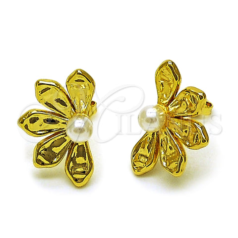 Oro Laminado Stud Earring, Gold Filled Style Flower and Ball Design, with Ivory Pearl, Polished, Golden Finish, 02.341.0248
