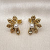 Oro Laminado Stud Earring, Gold Filled Style Flower and Ball Design, with Ivory Pearl, Polished, Golden Finish, 02.341.0248
