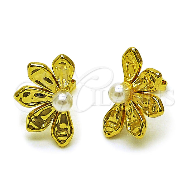 Oro Laminado Stud Earring, Gold Filled Style Flower and Ball Design, with Ivory Pearl, Polished, Golden Finish, 02.341.0248