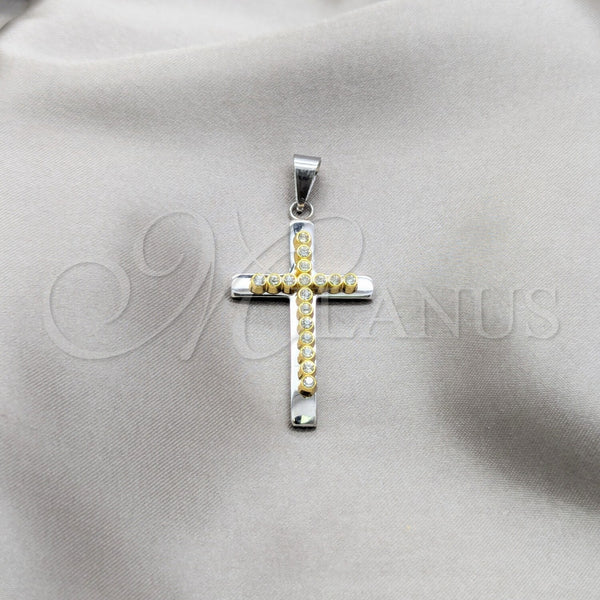 Stainless Steel Religious Pendant, Cross Design, with White Crystal, Polished, Steel Finish, 05.63.1209