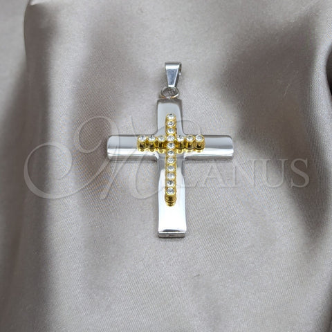 Stainless Steel Religious Pendant, Cross Design, with White Crystal, Polished, Steel Finish, 05.63.1212