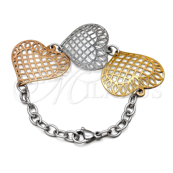 Stainless Steel Fancy Bracelet, Heart Design, Polished, Tricolor, 03.63.22980.08 (06 MM Thickness, 8 Inches Length)