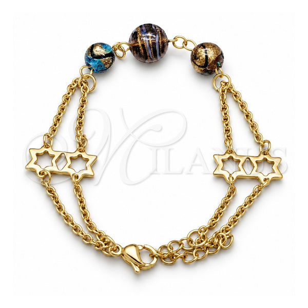 Stainless Steel Fancy Bracelet, Ball and Star Design, with Multicolor Crystal, Polished, Golden Finish, 03.63.22984.07 (02 MM Thickness, 7 Inches Length)