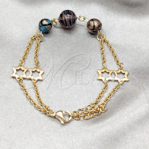 Stainless Steel Fancy Bracelet, Ball and Star Design, with Multicolor Crystal, Polished, Golden Finish, 03.63.22984.07 (02 MM Thickness, 7 Inches Length)