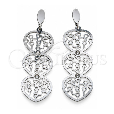 Stainless Steel Long Earring, Heart Design, with White Crystal, Polished, Steel Finish, 02.63.2784