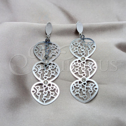 Stainless Steel Long Earring, Heart Design, with White Crystal, Polished, Steel Finish, 02.63.2784