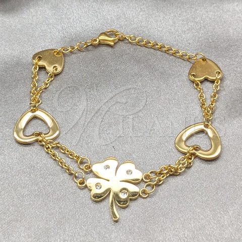 Stainless Steel Fancy Bracelet, Four-leaf Clover and Heart Design, with White Crystal, Polished, Golden Finish, 03.63.22995.08