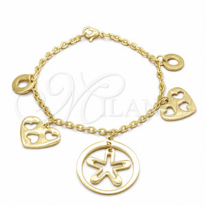 Stainless Steel Fancy Bracelet, Heart and Star Design, Polished, Golden Finish, 03.63.22102.07 (03 MM Thickness, 7 Inches Length)