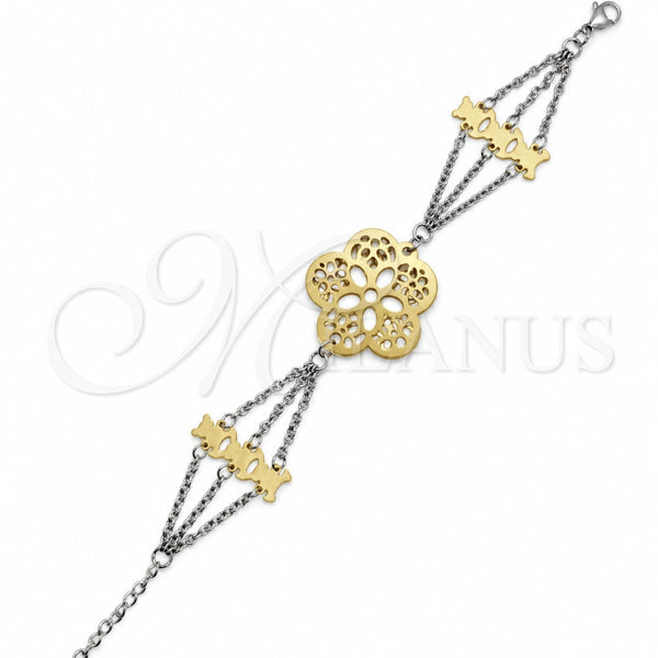 Stainless Steel Fancy Bracelet, Teddy Bear and Flower Design, Polished, Two Tone, 03.63.22107.07 (02 MM Thickness, 7 Inches Length)