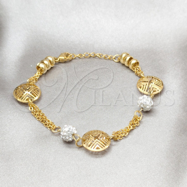 Stainless Steel Fancy Bracelet, Ball Design, with White Crystal, Polished, Golden Finish, 03.63.22110.08 (06 MM Thickness, 8 Inches Length)