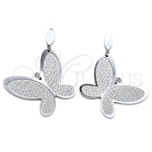 Stainless Steel Long Earring, Butterfly Design, with White Crystal, Polished, Steel Finish, 02.63.2790