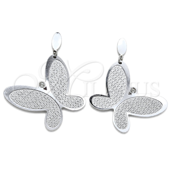 Stainless Steel Long Earring, Butterfly Design, with White Crystal, Polished, Steel Finish, 02.63.2790