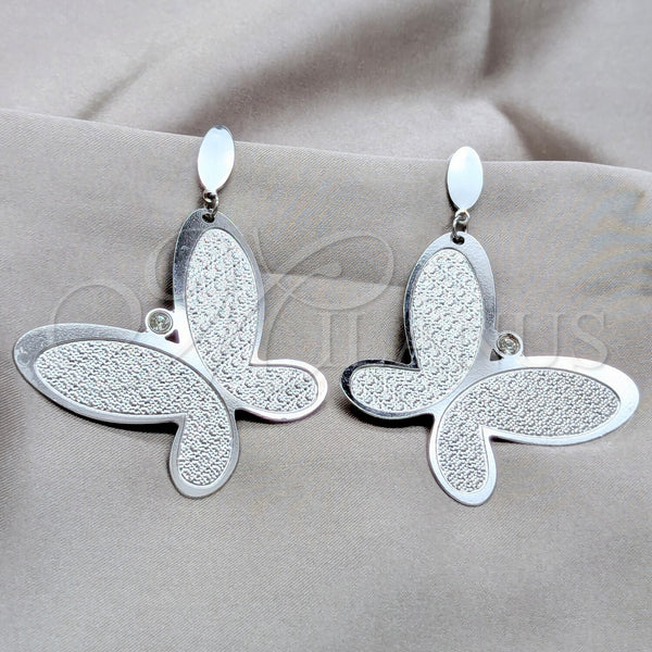 Stainless Steel Ring — Long Earring Butterfly Design with White Crystal Polished — main product view — SKU 160680 | Acero Inoxidable anillo — largo Earring mariposa diseño with cristal blanco pulido — SKU 160680