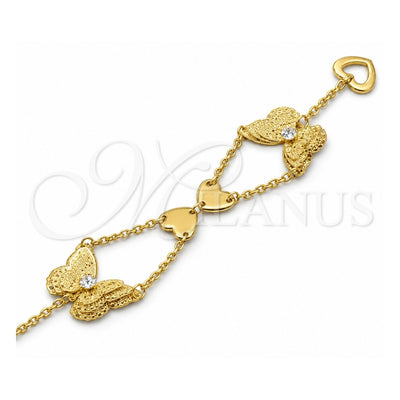 Stainless Steel Fancy Bracelet, Butterfly and Heart Design, with White Crystal, Polished, Golden Finish, 03.63.22112.08 (02 MM Thickness, 8 Inches Length)