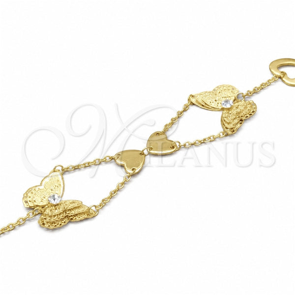 Stainless Steel Fancy Bracelet, Butterfly and Heart Design, with White Crystal, Polished, Golden Finish, 03.63.22112.08 (02 MM Thickness, 8 Inches Length)