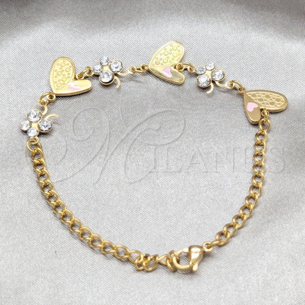 Stainless Steel Fancy Bracelet, Heart and Butterfly Design, with White Crystal, Polished, Golden Finish, 03.63.22113.08