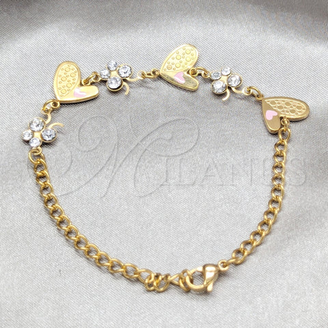 Stainless Steel Fancy Bracelet, Heart and Butterfly Design, with White Crystal, Polished, Golden Finish, 03.63.22113.08