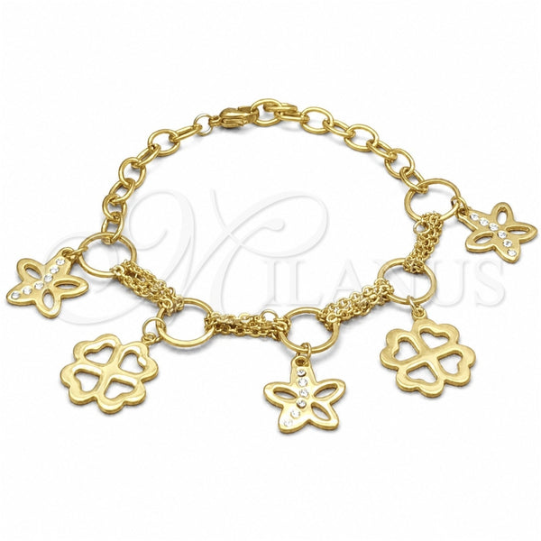 Stainless Steel Fancy Bracelet, Flower Design, with White Crystal, Polished, Golden Finish, 03.63.22114.08 (06 MM Thickness, 8 Inches Length)