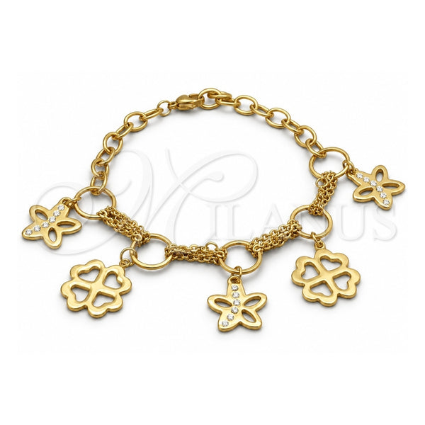 Stainless Steel Fancy Bracelet, Flower Design, with White Crystal, Polished, Golden Finish, 03.63.22114.08 (06 MM Thickness, 8 Inches Length)