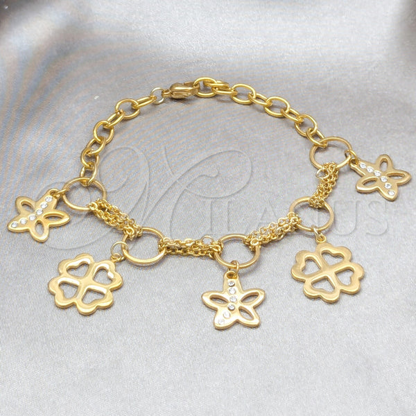 Stainless Steel Fancy Bracelet, Flower Design, with White Crystal, Polished, Golden Finish, 03.63.22114.08 (06 MM Thickness, 8 Inches Length)