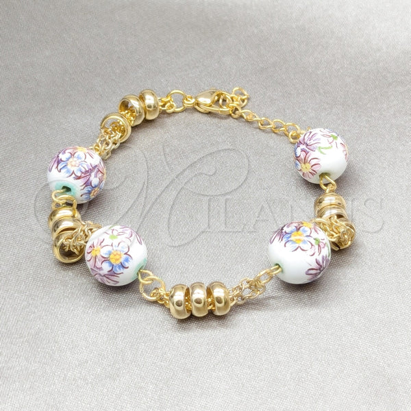 Stainless Steel Fancy Bracelet, Ball and Flower Design, Polished, Golden Finish, 03.63.22117.08
