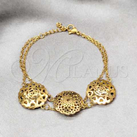 Stainless Steel Fancy Bracelet, Flower Design, Polished, Golden Finish, 03.63.22118.07 (02 MM Thickness, 7 Inches Length)