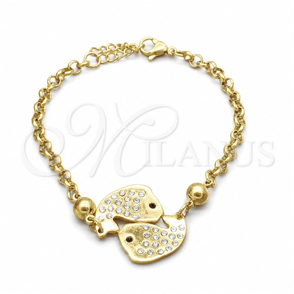 Stainless Steel Fancy Bracelet, Dolphin Design, with White Crystal, Polished, Golden Finish, 03.63.22119.07 (02 MM Thickness, 7 Inches Length)