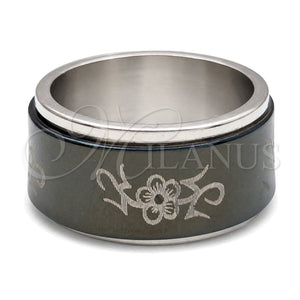 Stainless Steel Mens Ring, Flower and Double Design, Black Enamel Finish, Steel Finish, 01.63.0613.05 (Size 5)
