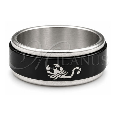 Stainless Steel Mens Ring, Four-leaf Clover and Scorpion Design, Black Enamel Finish, Steel Finish, 01.63.0615.06 (Size 6)