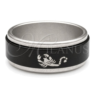 Stainless Steel Mens Ring, Four-leaf Clover and Scorpion Design, Black Enamel Finish, Steel Finish, 01.63.0615.06 (Size 6)