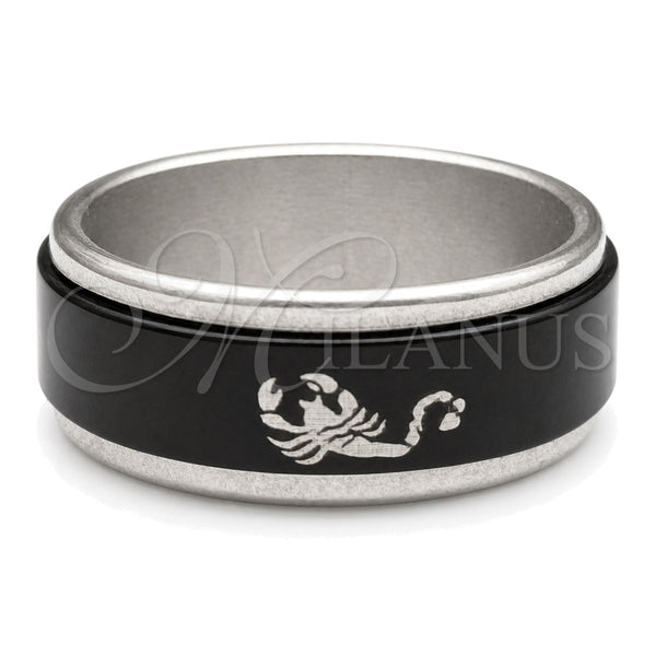 Stainless Steel Mens Ring, Four-leaf Clover and Scorpion Design, Black Enamel Finish, Steel Finish, 01.63.0615.06 (Size 6)
