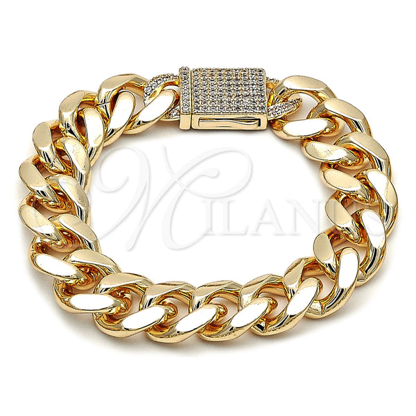 Oro Laminado Fancy Bracelet, Gold Filled Style Miami Cuban Design, with White Cubic Zirconia, Polished, Golden Finish, 03.156.0043.08 (15 MM Thickness, 8 Inches Length)