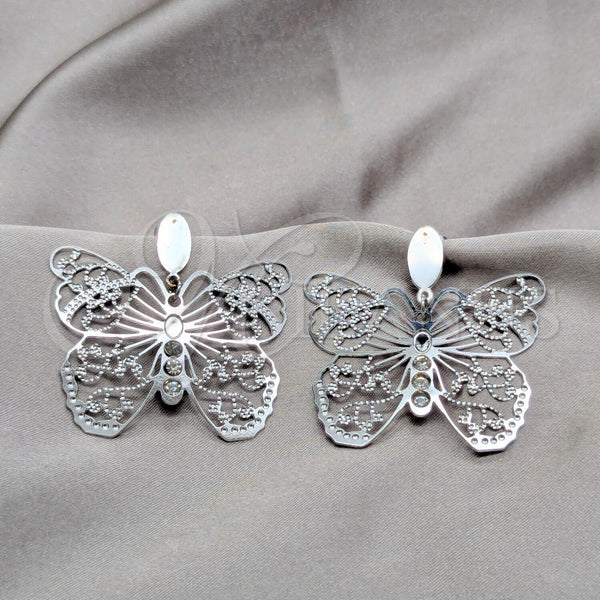 Stainless Steel Long Earring, Butterfly Design, with White Crystal, Polished, Steel Finish, 02.63.2812