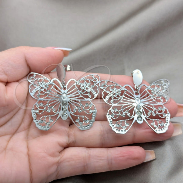 Stainless Steel Ring — Long Earring Butterfly Design with White Crystal Polished — alternate product view — SKU 160752 | Acero Inoxidable anillo — largo Earring mariposa diseño with cristal blanco pulido — SKU 160752