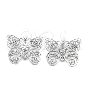 Stainless Steel Long Earring, Butterfly Design, with White Crystal, Polished, Steel Finish, 02.63.2812