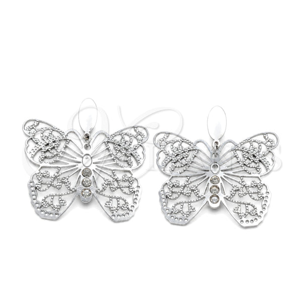 Stainless Steel Long Earring, Butterfly Design, with White Crystal, Polished, Steel Finish, 02.63.2812