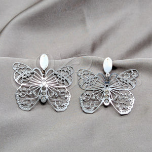 Stainless Steel Ring — Long Earring Butterfly Design with White Crystal Polished — main product view — SKU 160752 | Acero Inoxidable anillo — largo Earring mariposa diseño with cristal blanco pulido — SKU 160752