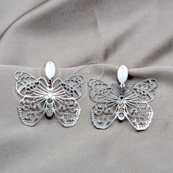 Stainless Steel Ring — Long Earring Butterfly Design with White Crystal Polished — main product view — SKU 160752 | Acero Inoxidable anillo — largo Earring mariposa diseño with cristal blanco pulido — SKU 160752