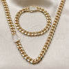Oro Laminado Necklace and Bracelet, Gold Filled Style Miami Cuban Design, with White Cubic Zirconia, Polished, Golden Finish, 06.156.0003