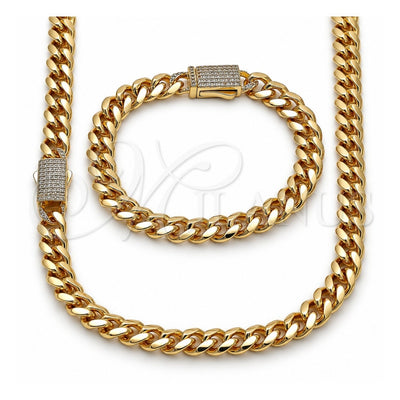 Oro Laminado Necklace and Bracelet, Gold Filled Style Miami Cuban Design, with White Cubic Zirconia, Polished, Golden Finish, 06.156.0003