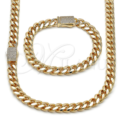 Oro Laminado Necklace and Bracelet, Gold Filled Style Miami Cuban Design, with White Cubic Zirconia, Polished, Golden Finish, 06.156.0003