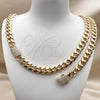 Oro Laminado Necklace and Bracelet, Gold Filled Style Miami Cuban Design, with White Cubic Zirconia, Polished, Golden Finish, 06.156.0004
